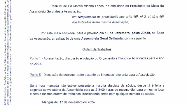 Convocatória | Assembleia Geral Ordinária | 16 de Dezembro